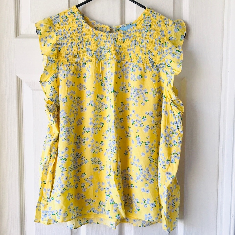 Draper James Yellow Floral Smocked Ruffle Sleeve Top